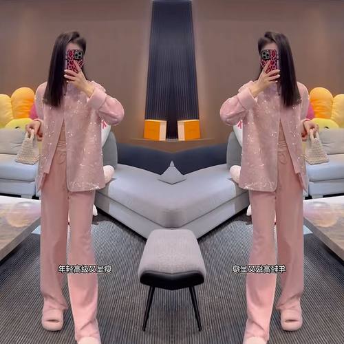 洋气亮片重工外套搭配丝绒阔腿裤