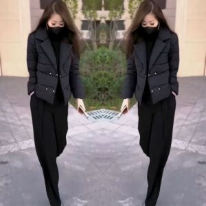 欧洲站网红爆款女装2023年冬季新款洋气时尚百搭纯色翻领棉服裤子