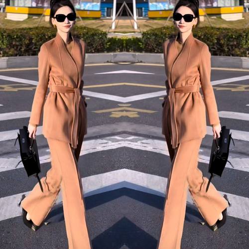 简约纯色两件套系带外套搭配裤子