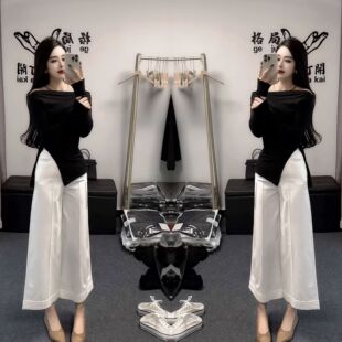 韩系女神范春夏新款 子 洋气减龄时髦修身 一字肩上衣搭配高腰阔腿裤