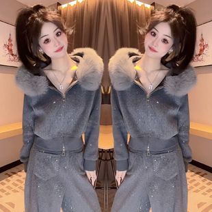 轻奢女装 卫衣外套阔腿裤 时髦冬季 高级感满天星毛毛领短款 新款 韩版