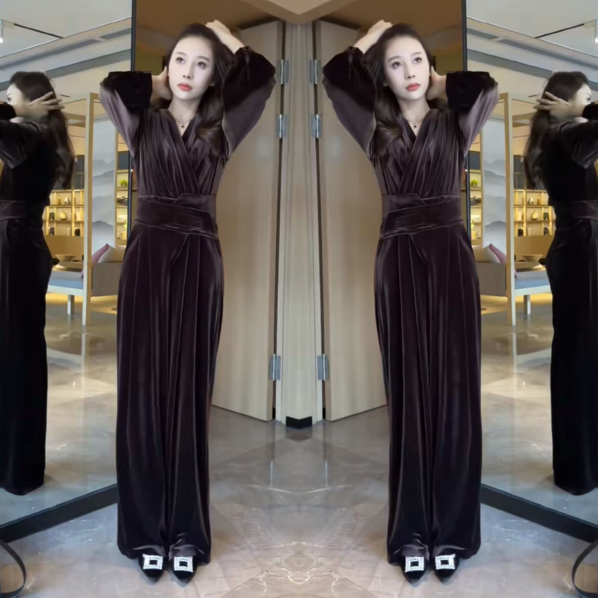 丝绒设计V领修身上衣搭配裤子潮