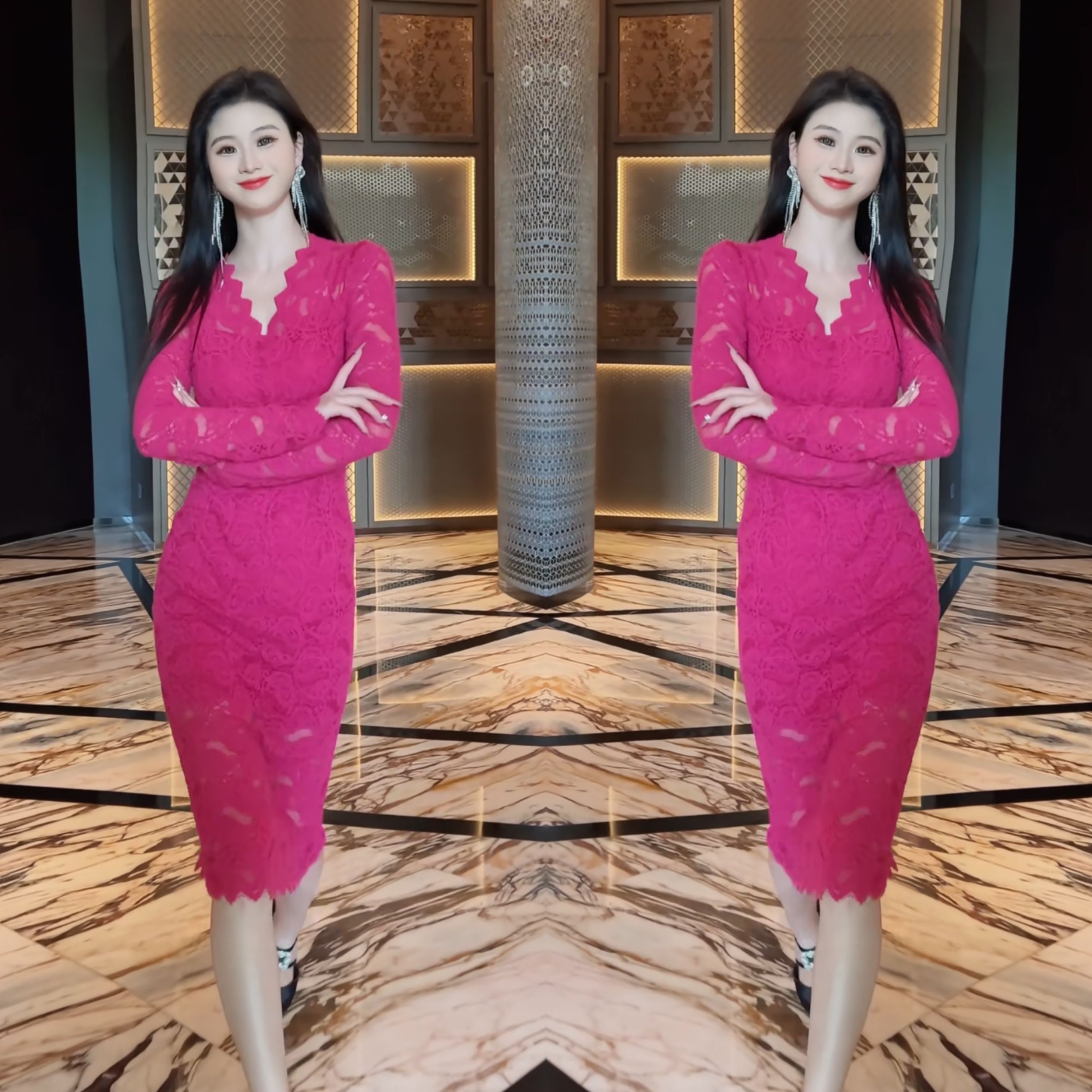 V领蕾丝修身蕾丝玫红色连衣裙