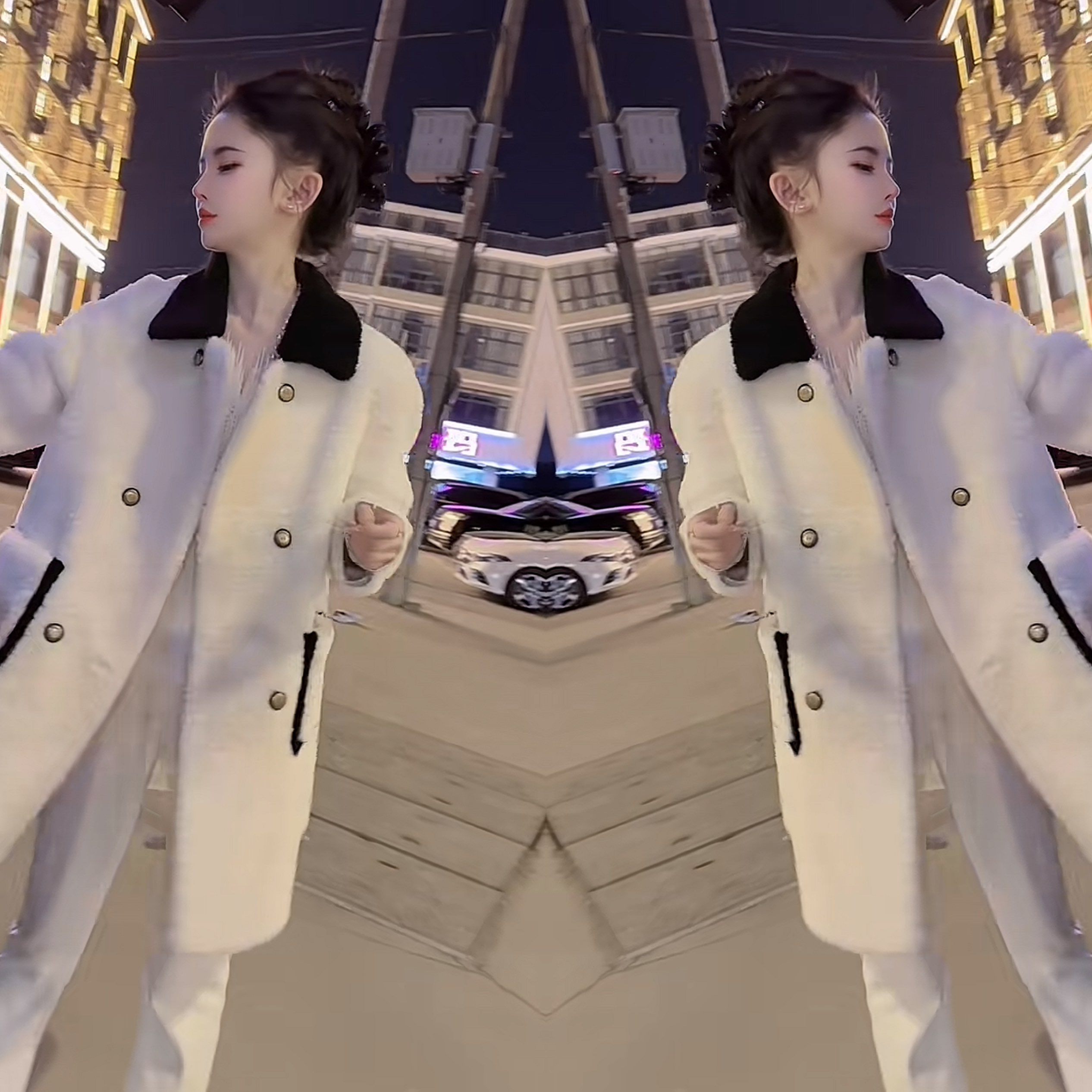 中长款洋气撞色翻领毛毛女士外套