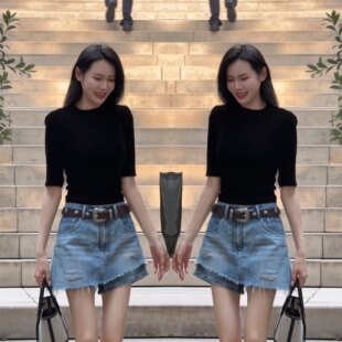 高级气质秋季新款洋气修身黑色中袖女神范两件套上衣搭配牛仔短裤