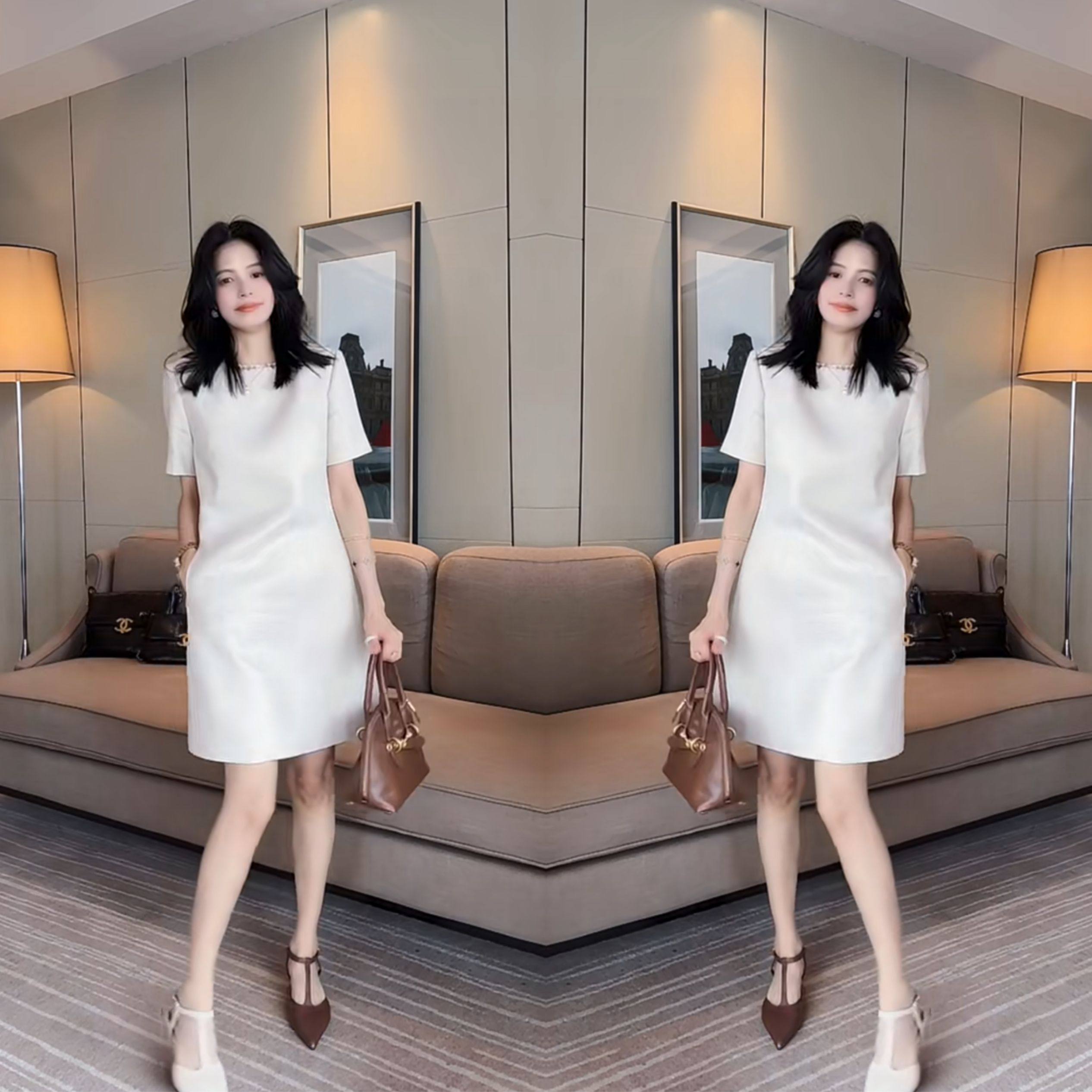 女神范短袖中长款遮肉简约连衣裙