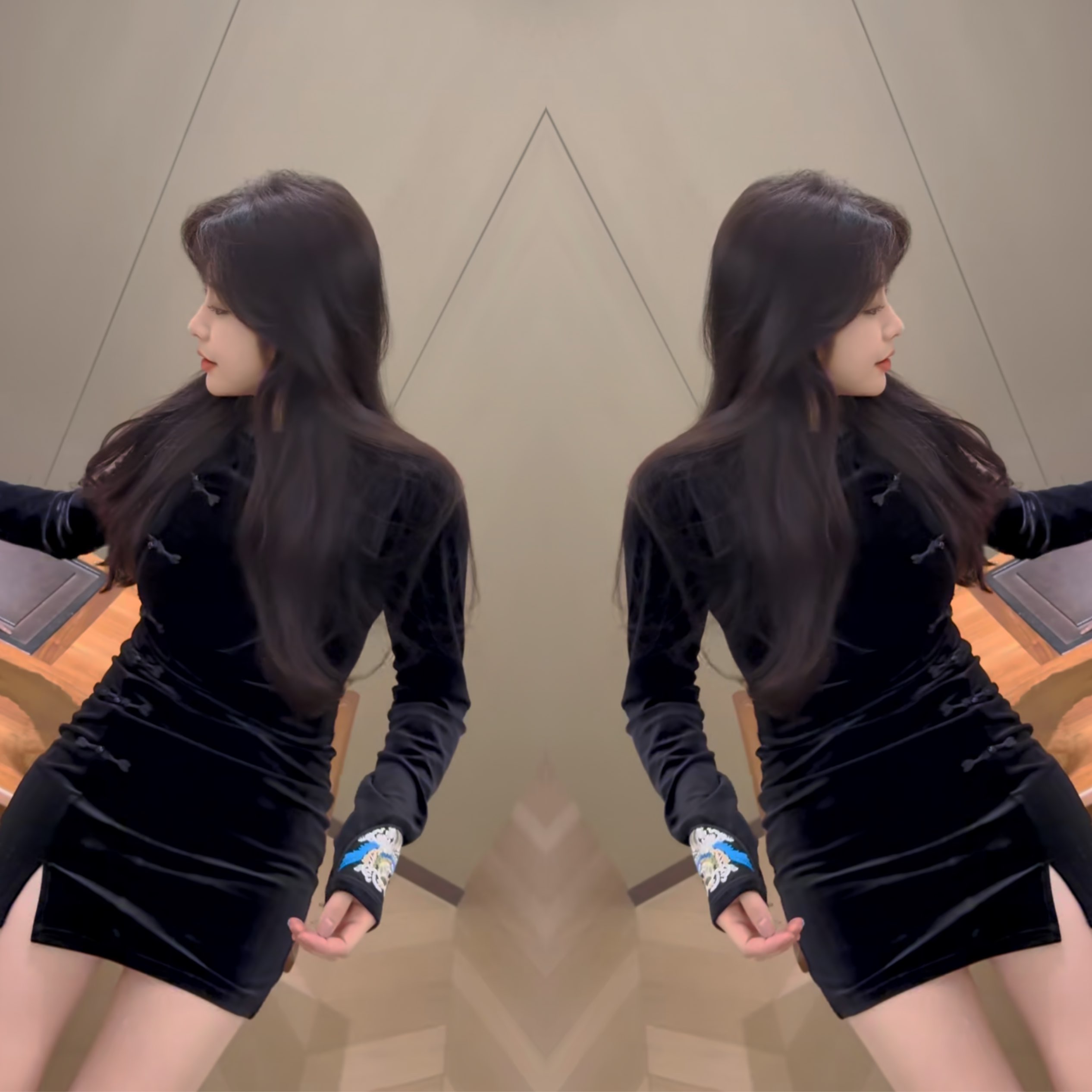 时髦中长款丝绒设计长袖连衣裙女