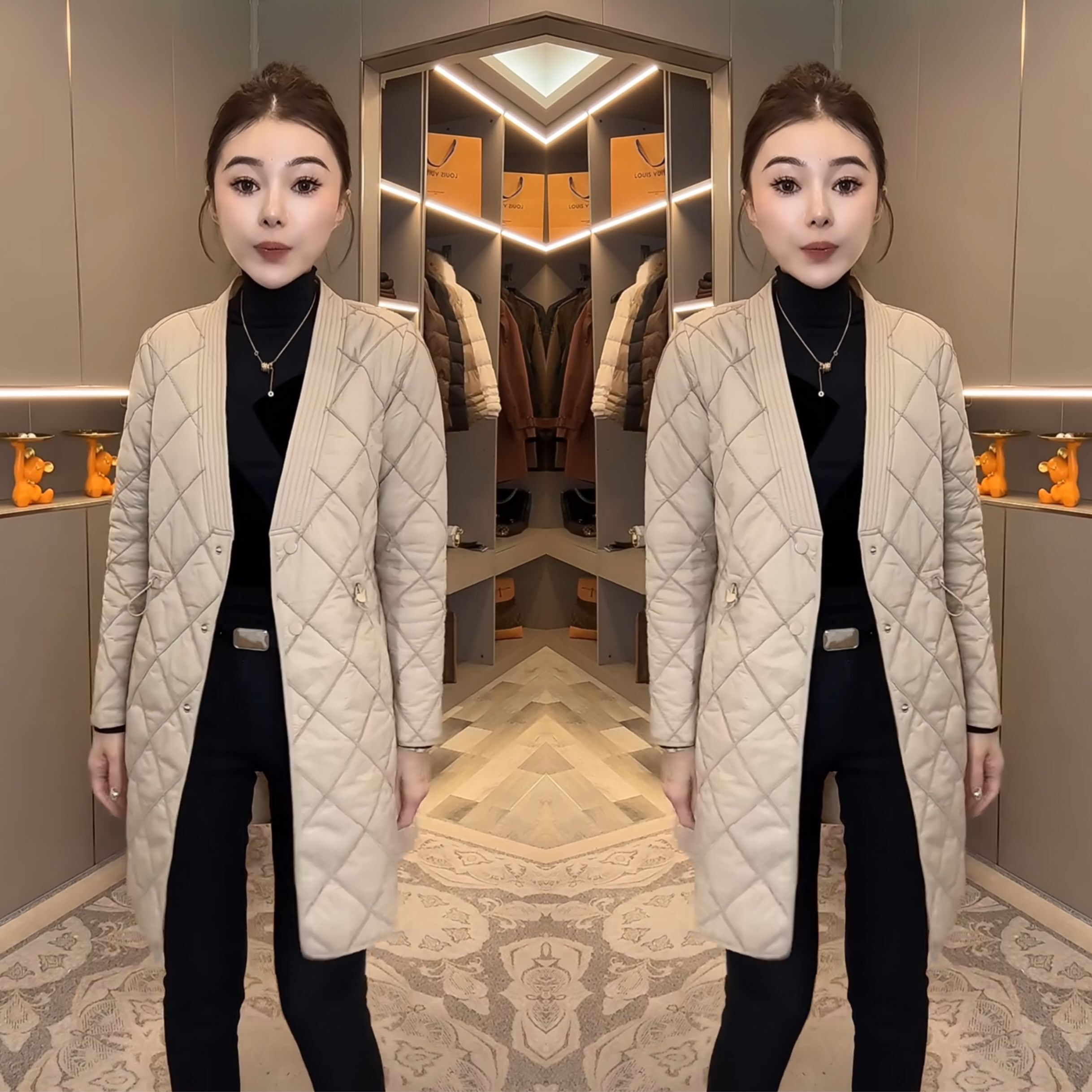 宽松菱形格风衣外套搭配高腰裤子