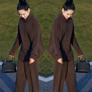 冬季 单排扣上衣长裤 新款 宽松简约休闲套装 慵懒风韩版 抖音网红爆款