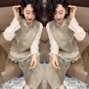 复古无袖 轻熟风女装 时尚 洋气减龄爆款 子 显瘦两件套马甲搭配阔腿裤