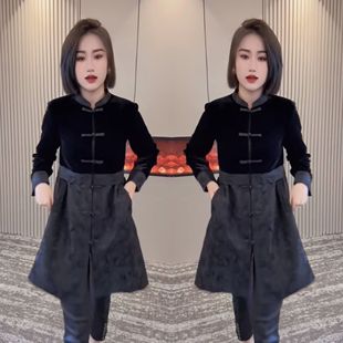 丝绒拼接设计遮肉复古女士长袖 新中式 气质连衣裙 气质时尚 网红爆款