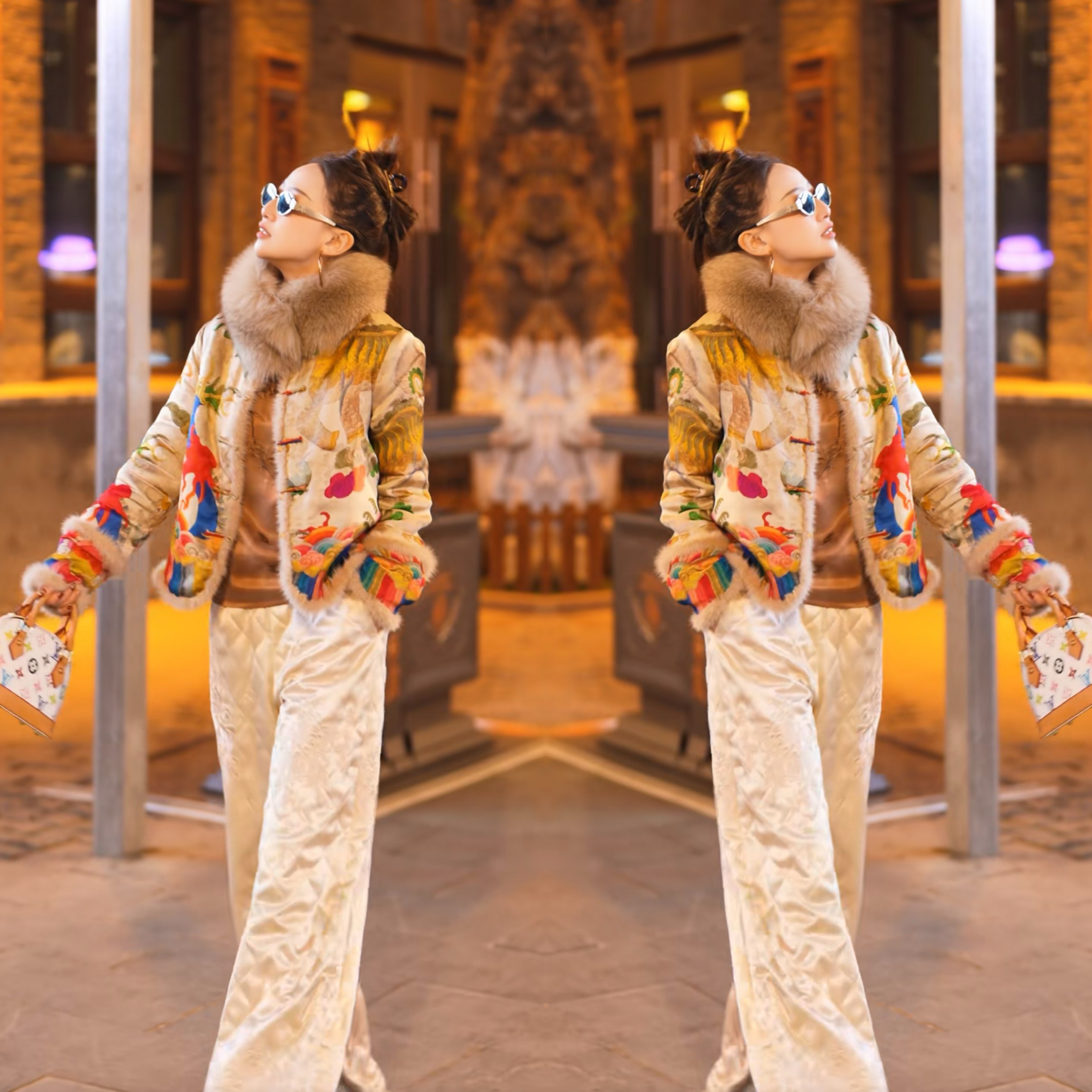 洋气印花短款棉服外套围脖裤子潮