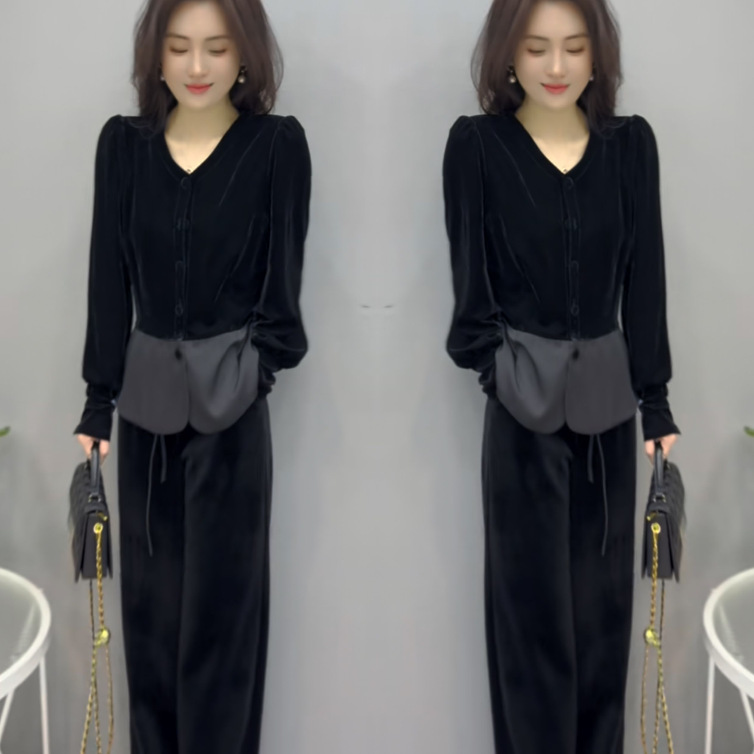 丝绒拼接设计宽松上衣搭配裤子