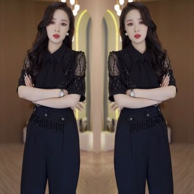 气质时尚中袖翻领亮片上衣阔腿裤