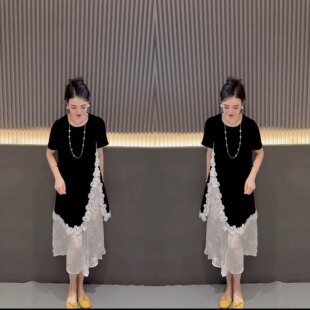 网红抖音炸街爆款同款气质法式赫本风黑色丝绒拼接蕾丝短袖连衣裙