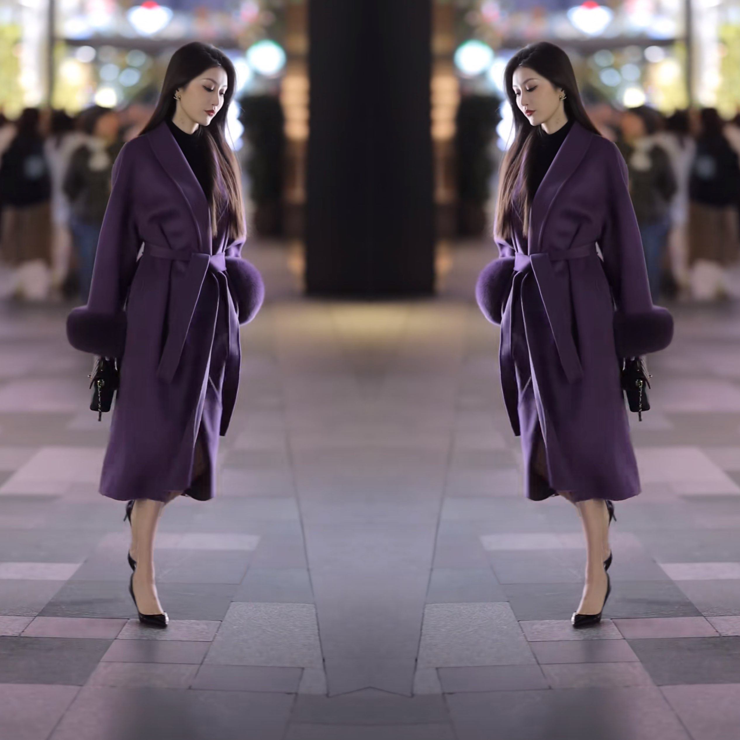 欧货高级韩版御姐范气质春季新款紫色收腰毛呢过膝长款毛毛袖外套,女装/女士精品,上衣,淘宝优惠券,粉丝福利购,淘宝优惠卷