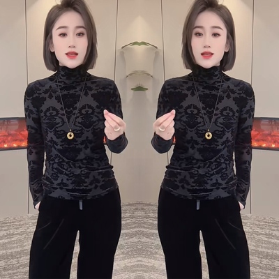 提花修身高领洋气女士打底衫上衣