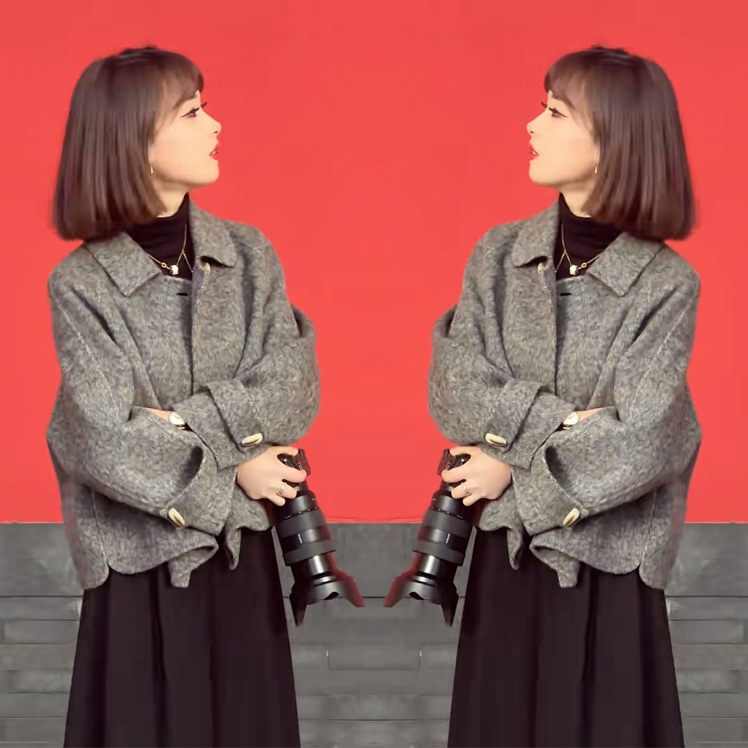 灰色短款女士外套搭配阔腿裤子