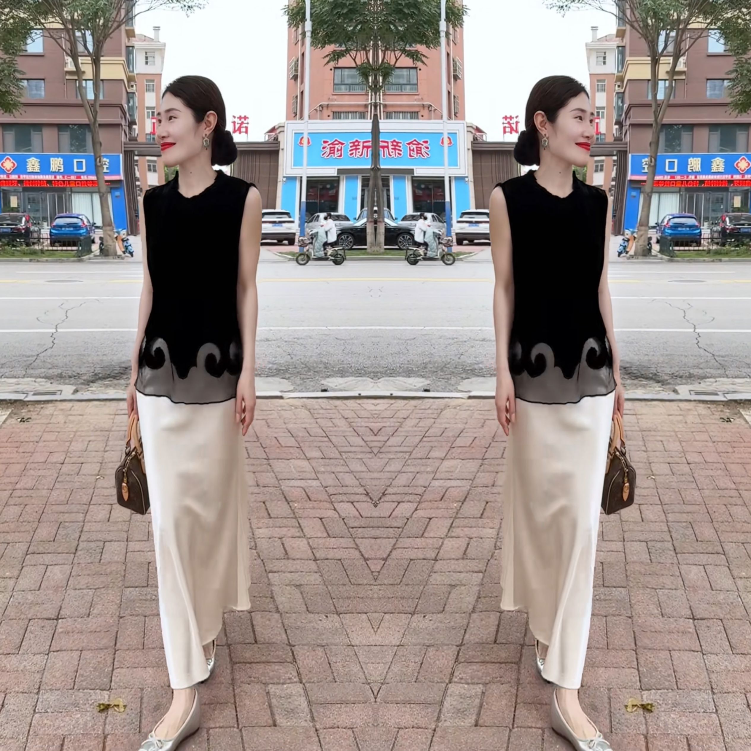 无袖丝绒打底衫搭配高腰半身裙潮