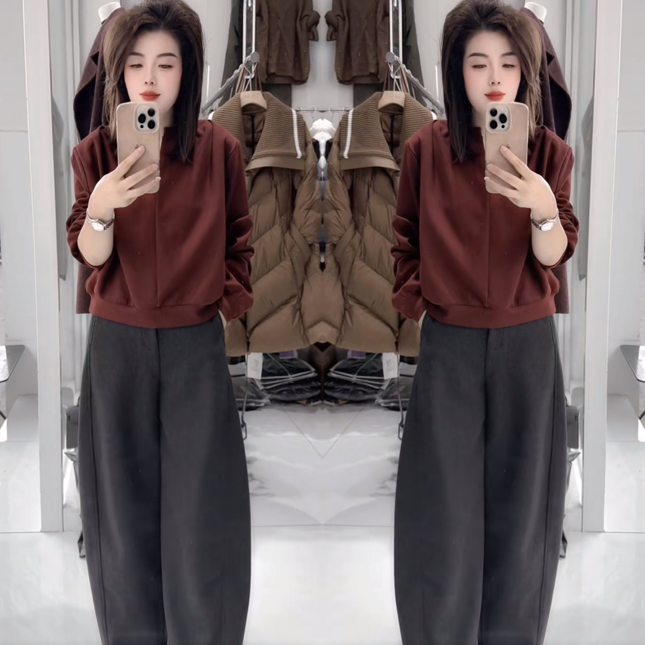 长袖百搭卫衣上衣搭配阔腿裤子