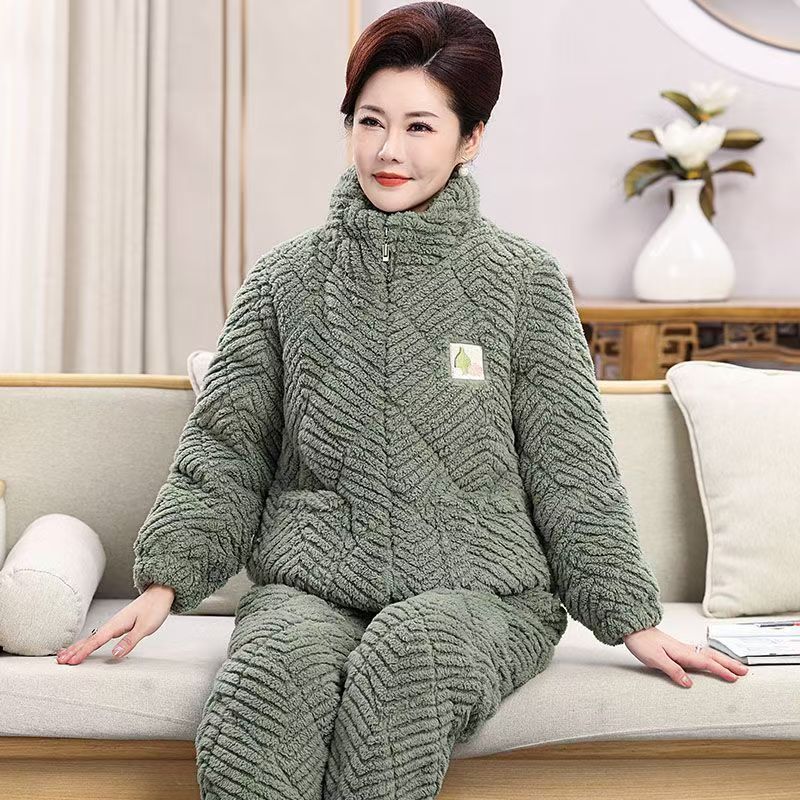 中老年睡衣女冬珊瑚绒三层夹棉2025新款加绒加厚保暖家居