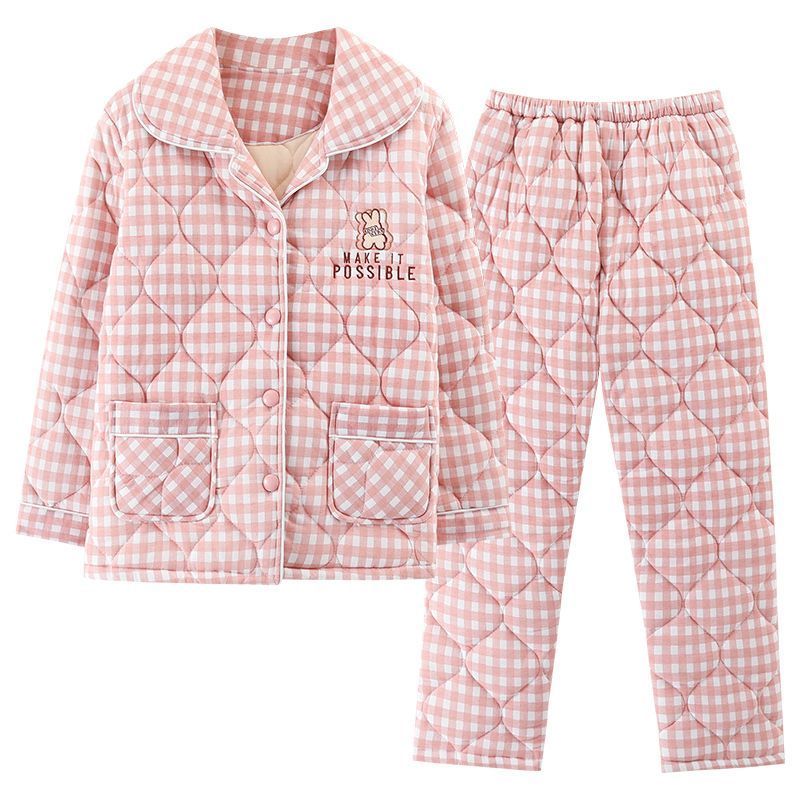 睡衣冬女纯棉三层加厚夹棉袄套装保暖新款女可外穿家居服