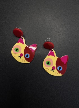 Vintage古著童趣可爱甜美搞怪卡通小猫咪耳饰复古独特耳饰B60353