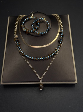 Vintage古著双层叠戴虎眼石串珠毛衣项链女秋冬项链B120853