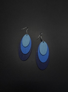 Vintage古著欧美夸张圆形木头蓝色耳环个性木质复古长款R82256