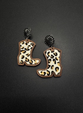 Vintage古著欧美西部牛仔靴子耳环经典豹纹木头质感耳钉P91562