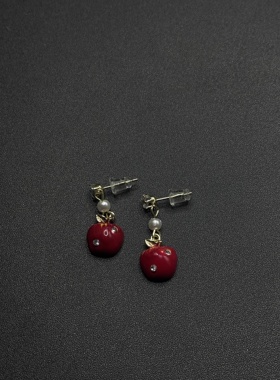 Vintage古著秋冬喜庆趣味红色苹果设计感甜美小清新耳饰R120254