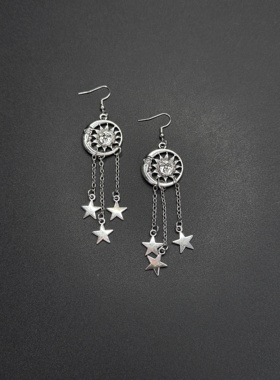 Vintage古著太阳和月亮与星星吊坠耳环百搭复古土酷耳环R120956