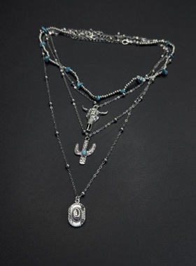 欧美饰品复古仿松石牛头锁串珠项链套装民族风仙人掌项饰R30614