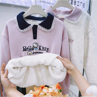 女童秋冬新款刺绣KT猫卫衣羊羔绒加厚款冬季新款儿童polo冬季上衣