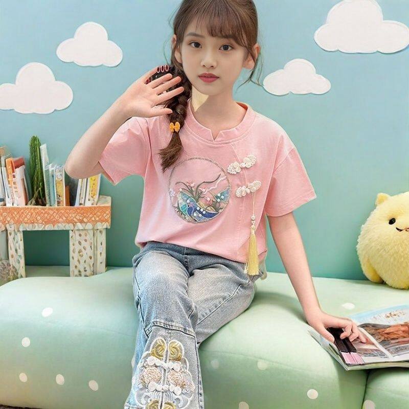 女童短袖套装夏装2025新款洋气夏天国风新中式两件套大童流苏T恤