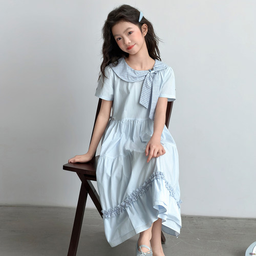 女童连衣裙少女风格子拼接长裙