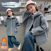 保暖灰呢子撞色上衣 中大童女孩时尚 韩国女童毛呢外套2025冬季 新款