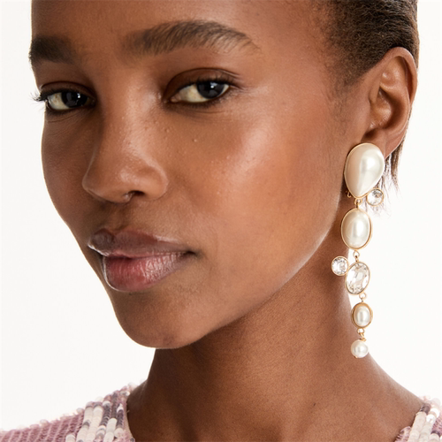 oscar夸张长款珍珠水晶耳夹