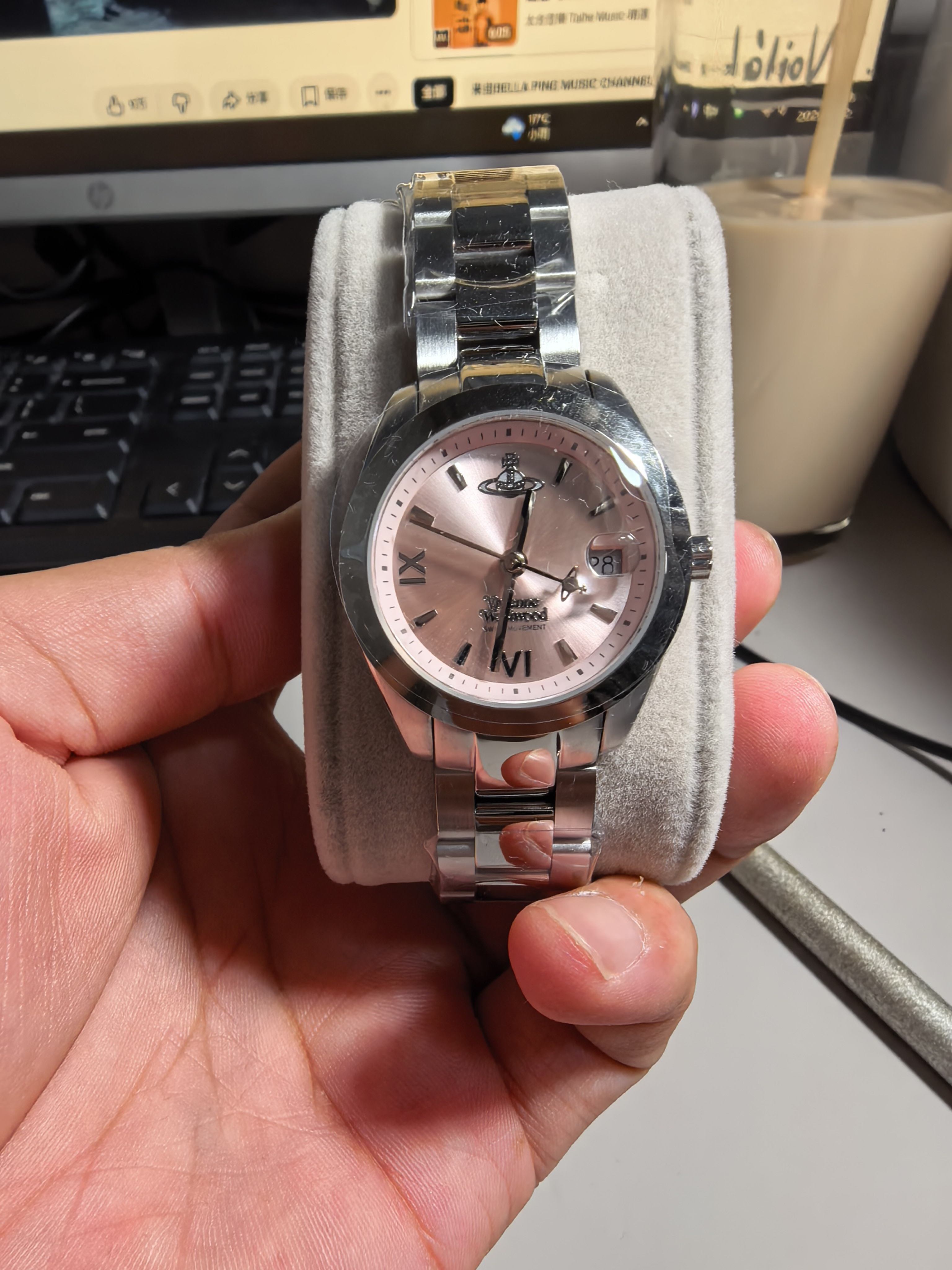 手表女款碎冰粉盘银色钢带石英腕表送女友29mm
