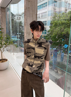 叁贰叁 美式迷彩风立领短袖拉链T恤男短袖休闲复古百搭潮酷外套