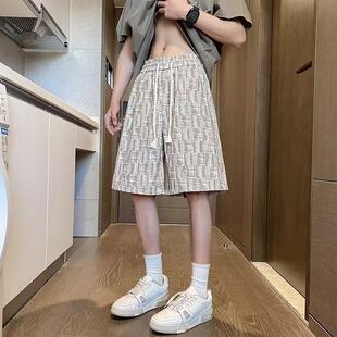 美式灯芯绒格纹满印短裤男夏季薄款外穿潮牌宽松男生休闲五分裤子