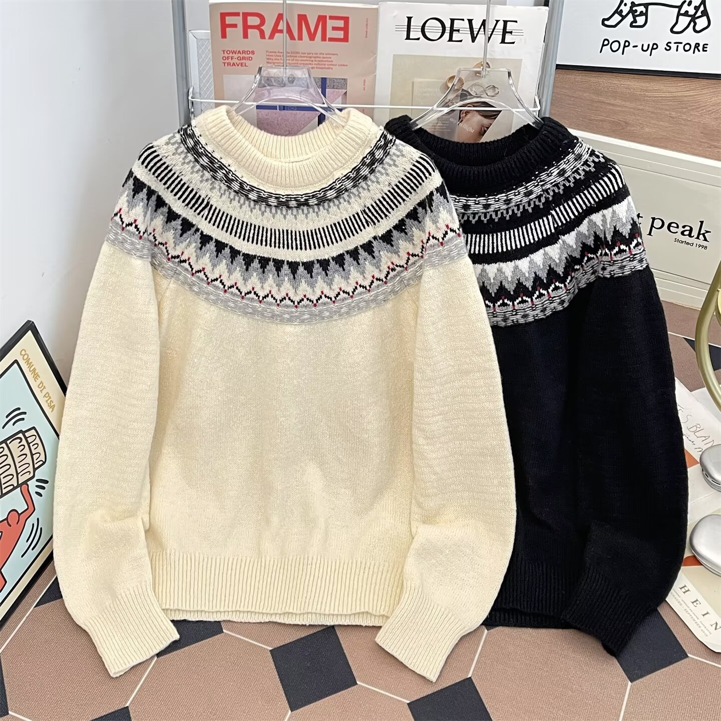 复古提花图案设计圆领针织衫毛衣