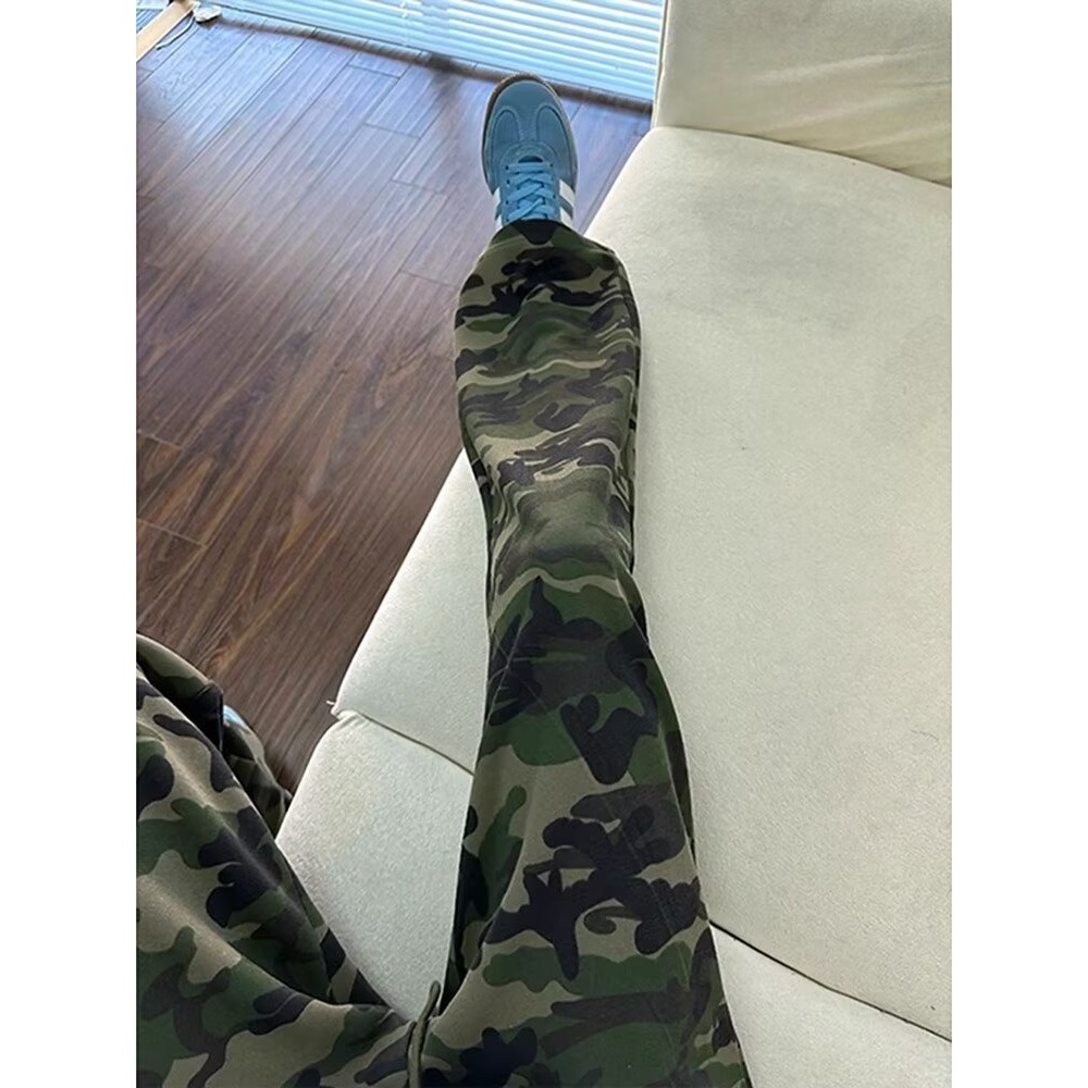 美式高街潮牌时尚复古军绿色直筒长裤迷彩裤复古宽松百搭休闲裤子
