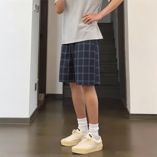 夏季美式高街藏蓝格子五分短裤男