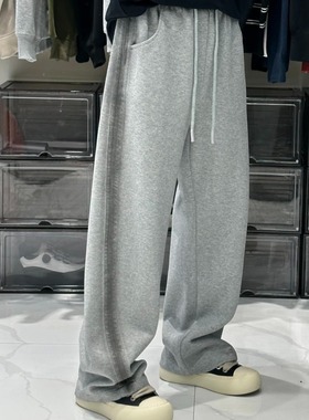灰色重磅休闲弯刀裤美式高街潮牌运动卫裤时尚侧条纹百搭直筒裤男