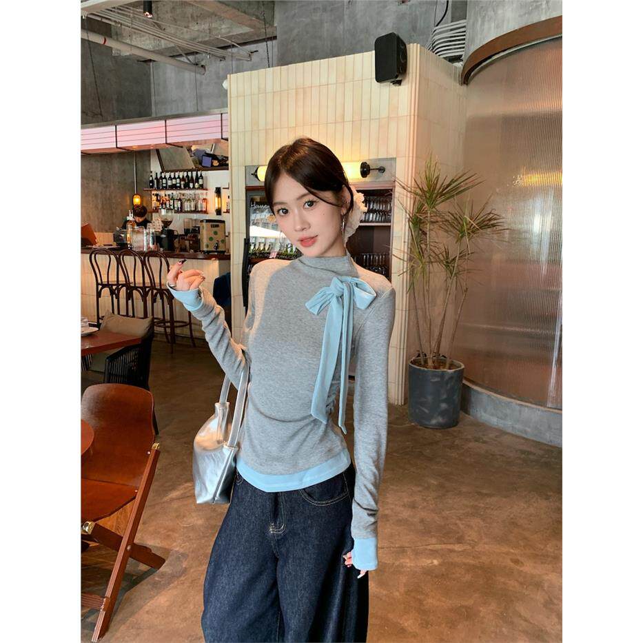 蝴蝶结系带撞色长袖T恤女
