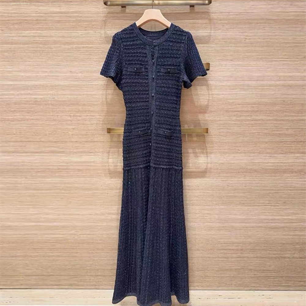 thumbnail for High-end version European French navy blue heavy industry fine glitter multi-pocket temperament slim long waist dress for women
