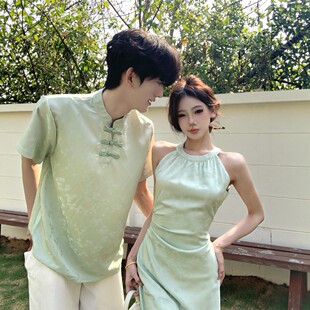夏季 复古风盘扣短袖 新中式 挂脖连衣裙法式 小众潮 无袖 高级感情侣装