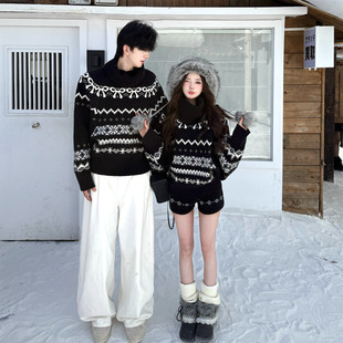 秋冬ins高级感针织短裤 情侣装 两件套 复古费尔岛高领毛衣套装 美式