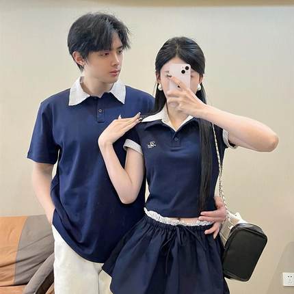 情侣装夏装设计感小众短袖纯欲风美式学院polo衫气质减龄撞色套装